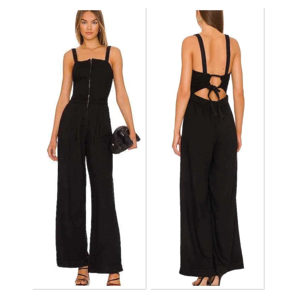Free People Black Call on Me Wide Leg Jumpsuit Open Tie Back Boho Romantic M
